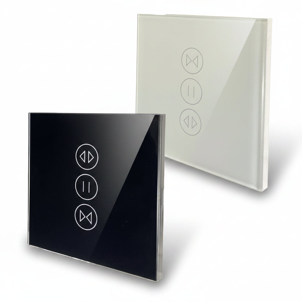 Interrupteur intelligent tactile Wi-Fi pour rideaux blanc et noire, solution domotique connectée au Maroc pour contrôler les rideaux à distance à Rabat, Casablanca, Marrakech, Agadir, Tanger, Fès et Meknès.