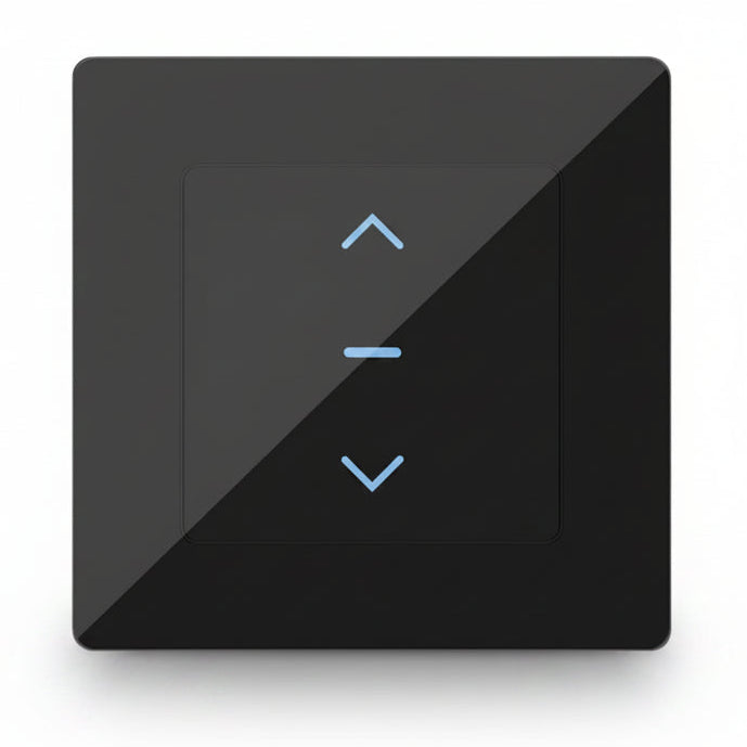 Interrupteur intelligent pour volets roulants Noire avec plaque, solution domotique connectée au Maroc pour maison intelligente à Rabat, Casablanca, Marrakech, Agadir, Tanger, Fès et Meknès.