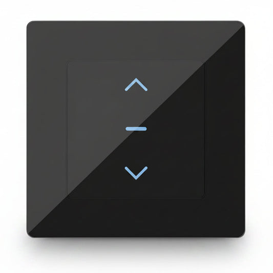 Interrupteur intelligent pour volets roulants Noire avec plaque, solution domotique connectée au Maroc pour maison intelligente à Rabat, Casablanca, Marrakech, Agadir, Tanger, Fès et Meknès.