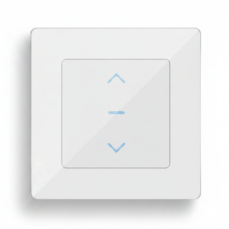 Interrupteur intelligent pour volets roulants Blanc avec plaque, solution domotique connectée au Maroc pour maison intelligente à Rabat, Casablanca, Marrakech, Agadir, Tanger, Fès et Meknès.