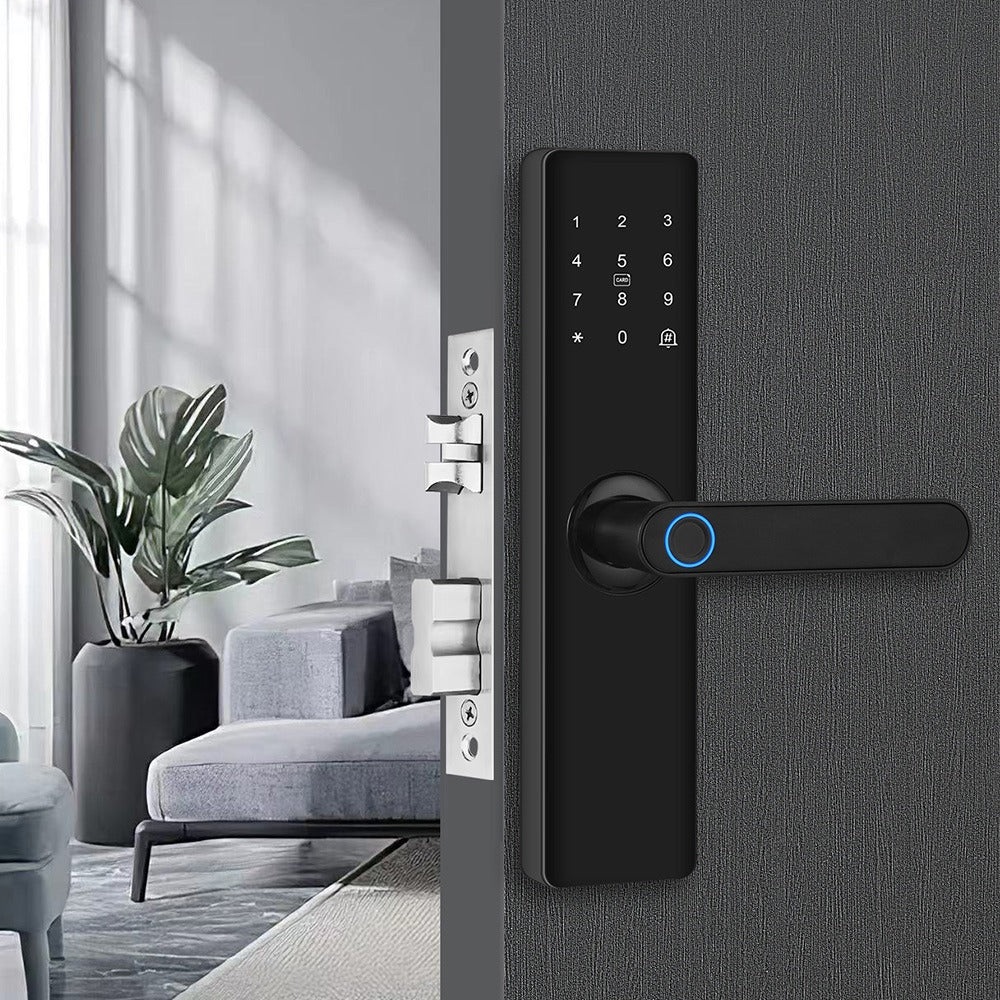 Serrure digitale noire avec installation et configuration gratuites à domicile dans tout le Maroc : Casablanca, Rabat, Marrakech, Agadir et Tanger.