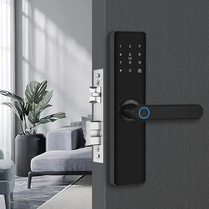 Serrure digitale noire avec installation et configuration gratuites à domicile dans tout le Maroc : Casablanca, Rabat, Marrakech, Agadir et Tanger.