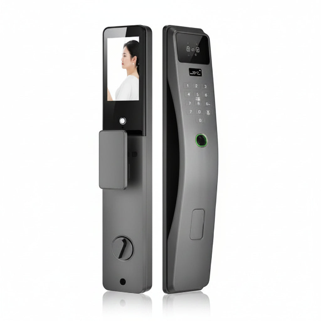 Serrure intelligente connectée grise F11 Face ID au Maroc avec installation et configuration gratuites à Casablanca, Rabat, Marrakech, Fès, Tanger et Agadir. Compatible application Tuya ou SmartLife.