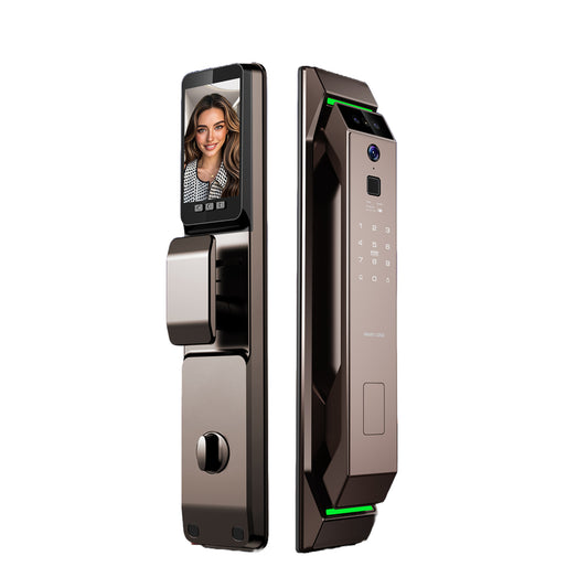 Serrure intelligente connectée bronze F15 Face ID au Maroc avec installation et configuration gratuites à Casablanca, Rabat, Marrakech, Fès, Tanger et Agadir. Compatible application Tuya ou SmartLife.