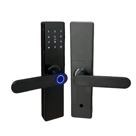 Serrure intelligente noire installée partout au Maroc, notamment à Casablanca, Rabat, Marrakech, Agadir et Tanger.